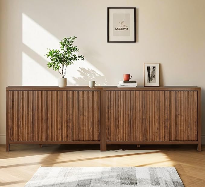 ZYBT Fluted Sideboard Buffet Cabinet with Storage, Modern Credenza Buffet Sideboards Bar Cabinet Console Table with Adjustable Shelves Slide Door for Living Room Hallway Kitchen Entryway