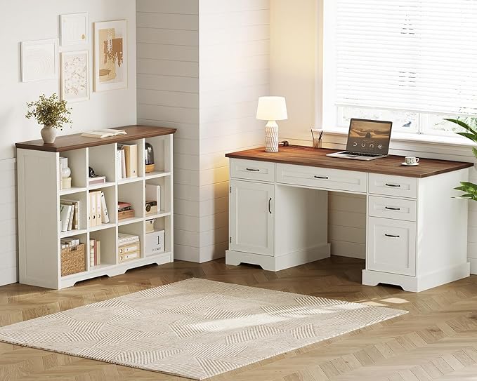OffiGo 12 Cube Organizer Bookcase, Modern Farmhouse Open Shelf for Storage Bins & Decor, Display Bookshelf Console Closet for Living Room, Bedroom, Home Office, Walnut+White