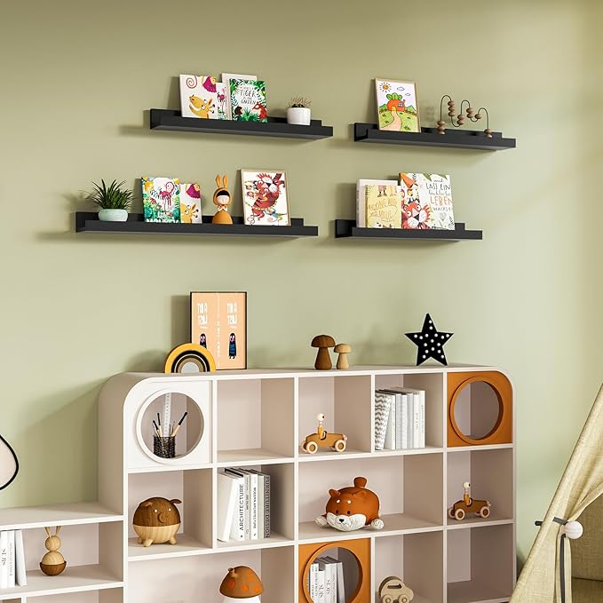 Heimlove 24 Inch Picture Ledge Shelf with Lip,Black Floating Shelves for Wall Set of 3,Wall Shelves in Varying Depths for Living Room,Bedroom,Nursery,Bookshelf