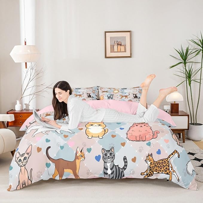 Erosebridal Cat Bedding Set Queen Cute Kitten Duvet Cover Kawaii Pet Animals Comforter Cover for Kids Girls Boys Adults Hearts & Paw Pastel Argyle Patchwork Plaid Bed Set