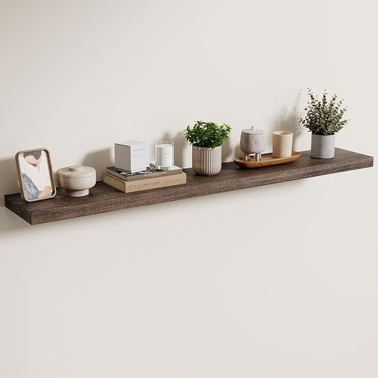 Axeman Floating Shelves for Wall, Rustic Elm Wood 48'' x 8" Deep Wall Shelf with Invisible Bracket, Large Long Wall Mounted Storage Shelves for Living Room, Bedroom, Kitchen, Bathroom Decor, Walnut