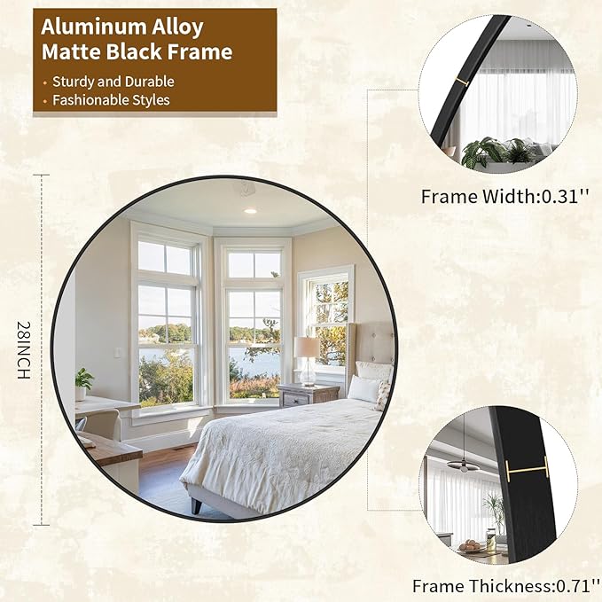 Round Mirror Wall Mounted Mirror - 28" Circle Mirror Bathroom Vanity Mirror with Aluminum Frame for Bedroom Living Room, Entryway Decor Black