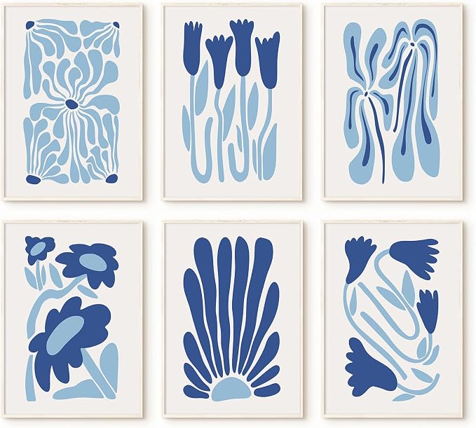 Youillne Matisse Flower Wall Art Prints Blue Abstract Wall Decor Aesthetic Canvas Wall Art Picasso Gallery Posters Matisse Preppy Pictures Flower Paintings for Bathroom 12x16 Inch Unframed Set of 6