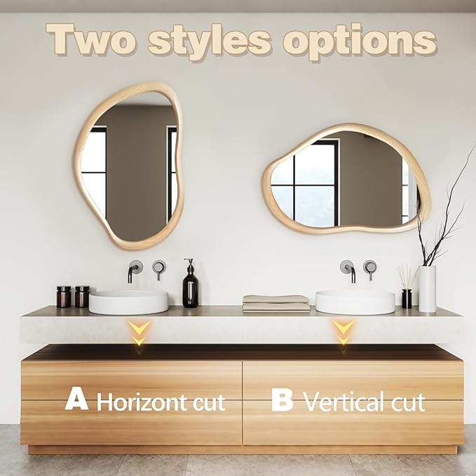 35"x24" Wood Wall Mirror, Rustic Asymmetrical Bathroom Mirror with Wood Frame, Farmhouse Vanity Mirror for Living Room, Bedroom, Entryway, Shatterproof, Vertical/Horizontal, Solid