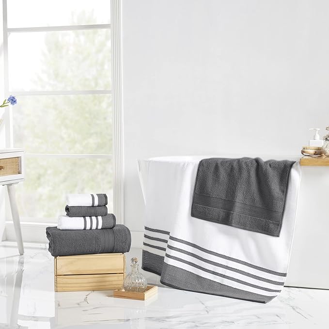 Modern Threads 6-Piece Towel Set – 100% Cotton, Quick Dry, Ultra Absorbent – Includes 2 Bath, 2 Hand, 2 Washcloths (White/Reinhart Charcoal)