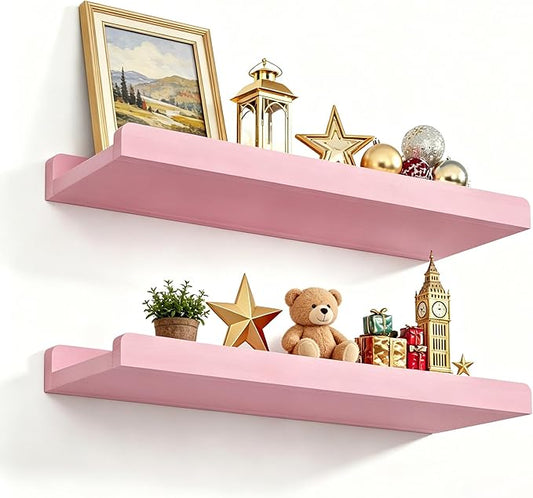 Love-KANKEI Floating Shelves Wall Mounted Set of 2, 17 Inch Rustic Wood Wall Shelves for Storage, Bedroom Living Room Bathroom Kitchen Office and More Pink