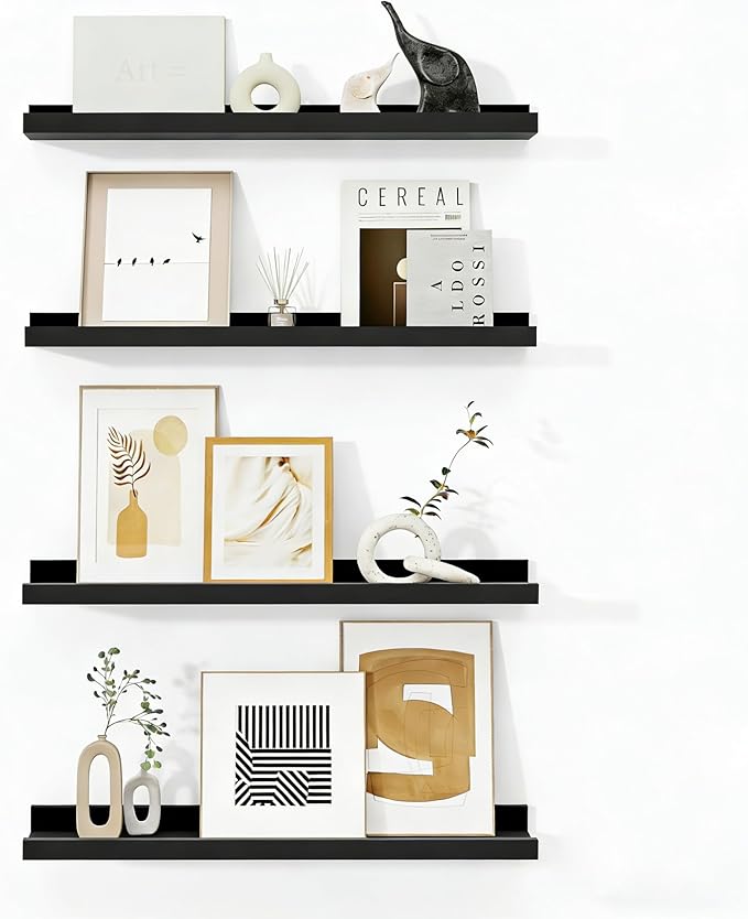 Fun Memories Picture Ledge Shelf, Black Floating Shelves Set of 4, 24 Inch Picture Shelves for Wall with Ledge, Large Nursery Book Shelf for Toys Storage, Living Room, Bedroom Decor Frames