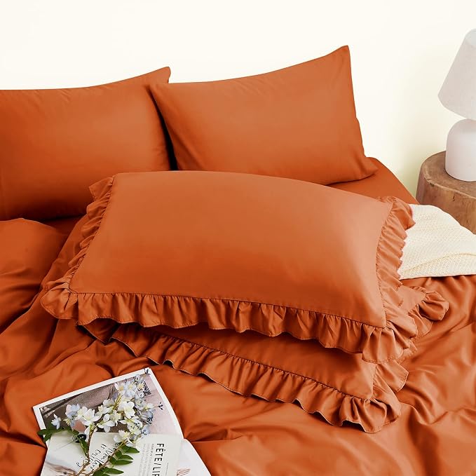 Horbaunal Burnt Orange Ruffle Sheets Queen Size 6 Piece, Fits 16" Deep Mattress, Microfiber Orange Queen Sheets with 2 Ruffled Pillowcases, Shabby Chic Queen Bed Sheet Set