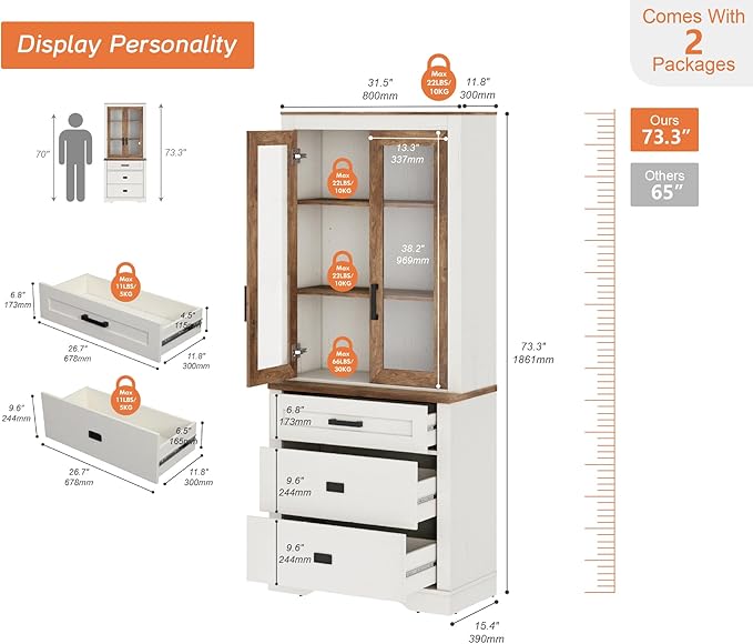 WAMPAT 73.3" Tall Bookcase with Glass Door, 31.5" Wide Rustic Wood Bookshelves with Chest of Drawers, Modern Farmhouse Display Storage Cabinet with Adjustable Shelves for Home,Office,White&Oak