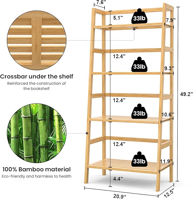 Homykic Ladder Shelf, 4-Tier Bamboo Ladder Bookshelf Small Bookcase, 49” Tall Open Display Shelves Wood Plant Stand Storage Rack for Living Room, Bathroom, Bedroom, Home Office