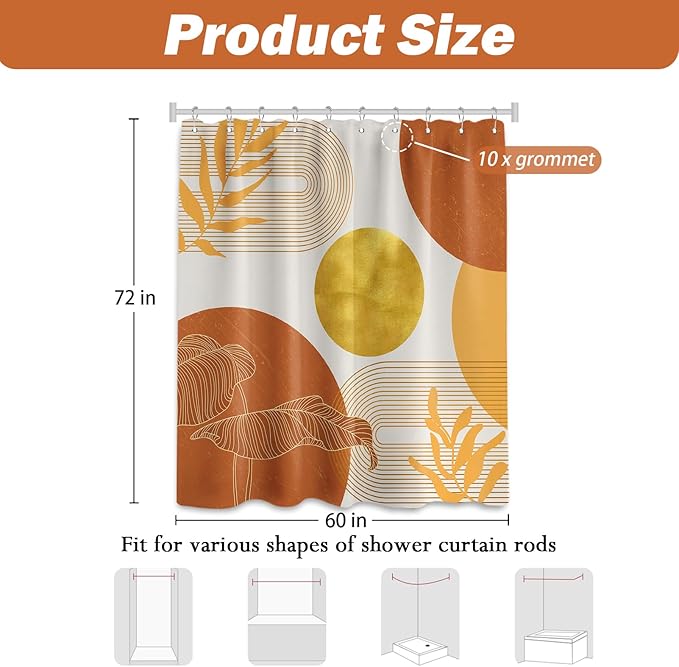 Orange and Gold Shower Curtain Burnt Orange White Shower Curtains for Bathroom Decor Boho Mid Century Bath Curtain Set, Waterproof Fabric with Hooks 60 x 72 Inch
