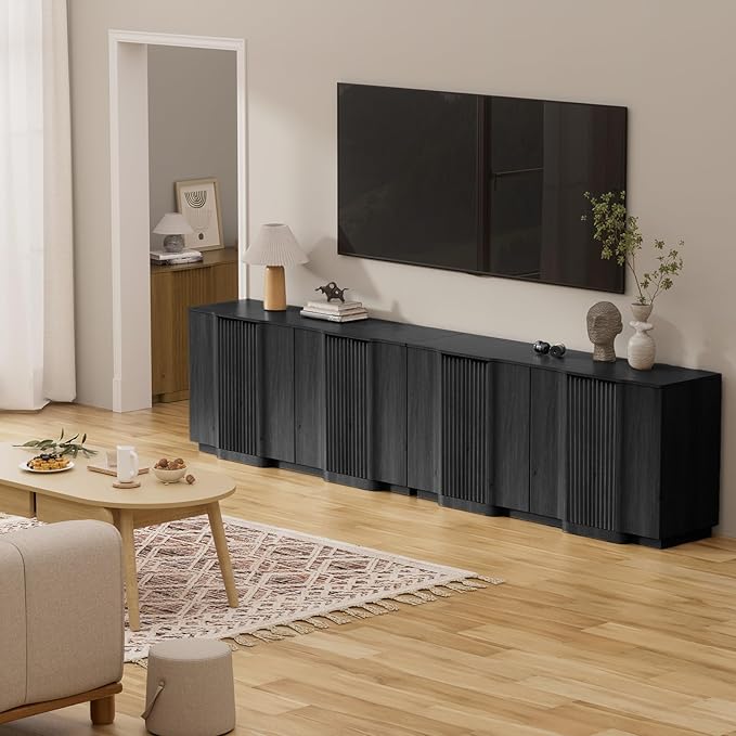 Yechen Buffet Cabinet with Storage, 118" Accent Sideboard Modern Credenza with Doors & Adjustable Shelves Fluted Media Console Wood Coffee Bar Table for Living Kitchen Dining Room Black（8 Doors）