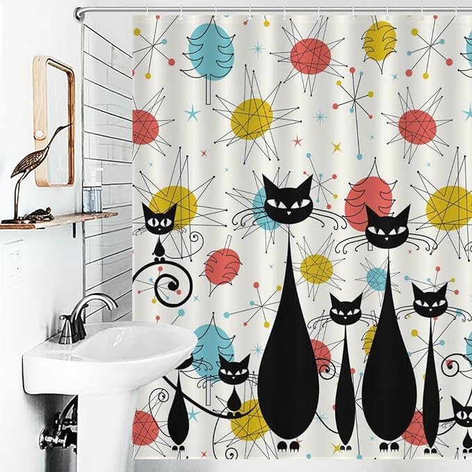 Mid Century Modern Shower Curtain,Retro 60s Abstract Atomic Cat Diamonds Geometric Bathroom Curtain Polyester Waterproof Fabric Decor 66x72in（168x183cm）