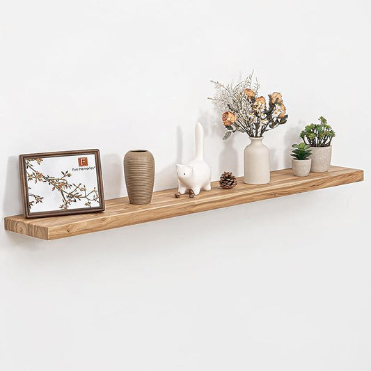 Fun Memories 48" Floating Shelves for Wall, Rustic Solid Elm Wood Floating Shelves - Invisible Bracket Mount, Extra Long Wall Mounted Shelf for Living Room, Bathroom, Bedroom, Kitchen, Natural