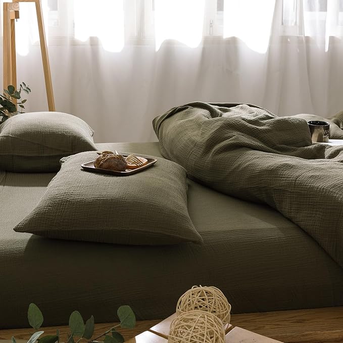 mixinni Olive Green Waffle Weave Duvet Cover Set Queen, 3-Piece 100% Natural Washed Cotton Triple-Layer Gauze Solid Bedding Set, Soft Breathable Minimalist Comforter Cover with Zipper & Ties-Queen