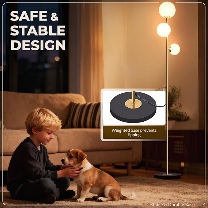 3 Globe Floor Lamp - Mid Century Modern Standing Light with 3 Color Temperatures, LED Bulbs, Frosted Glass Shades for Living Room (Gold)
