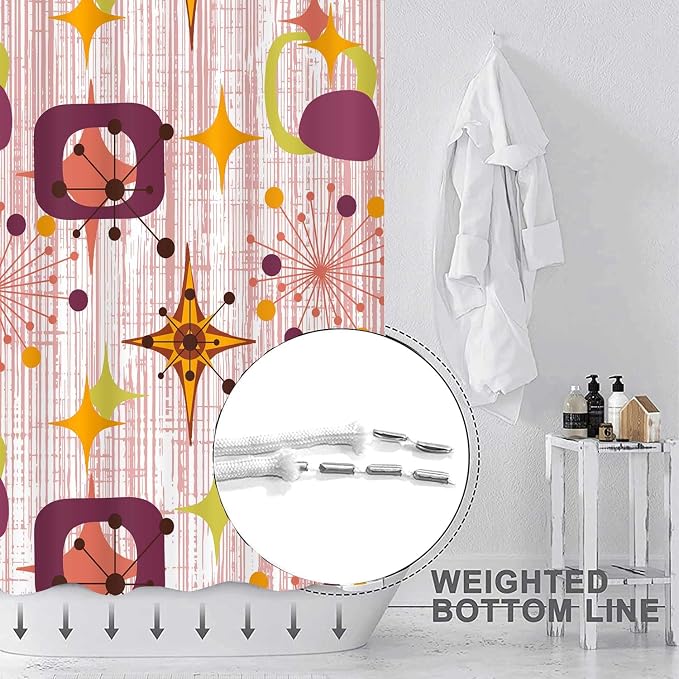 Mid Century Shower Curtain, 60x72inch, Modern Abstract Retro Red Striped Geometric Shower Curtain Sets 1950s Boho Bathroom Shower Curtain with 10 Hooks