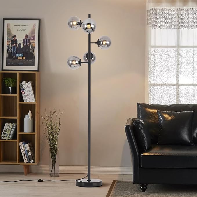 KCO Lighting Smoked Glass Floor Lamp Modern Globe Floor Lamp Farmhouse Black Standing Lamp Multi Head Floor Lamps for Living Room Bedrooms Office