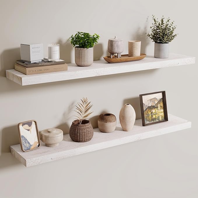 Axeman Floating Shelves for Wall - 40''W x 8'' D Rustic Solid Elm Wood Shelves for Storage, Wall Mounted Display Shelving with Invisible Heavy-Duty Metal Bracket (White Wash, 2PCs)