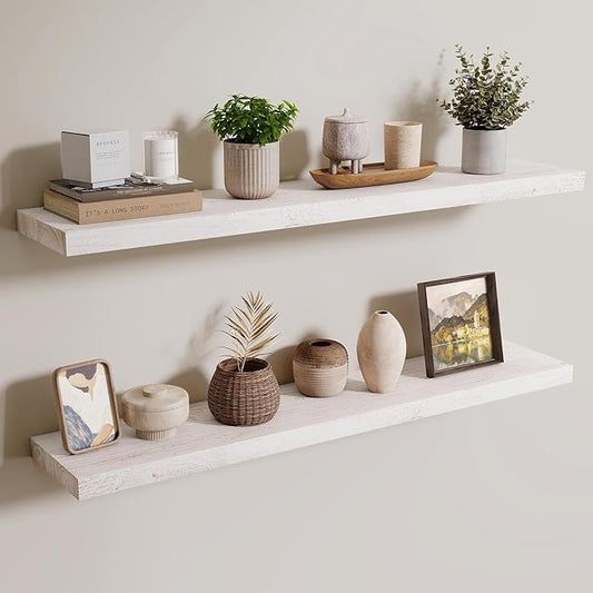 Axeman Floating Shelves for Wall - 40''W x 8'' D Rustic Solid Elm Wood Shelves for Storage, Wall Mounted Display Shelving with Invisible Heavy-Duty Metal Bracket (White Wash, 2PCs)
