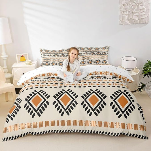 Bohemian Aztec Comforter Cover Boho Hippie Bed Set, Western Tribal Pattern Duvet Cover Queen Size Native Indian American Bedding Sets, Abstract Geometric Bedspread Cover Beige Black Orange 3pcs