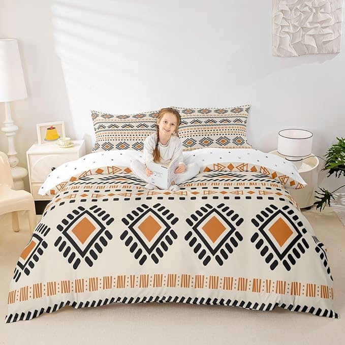 Erosebridal Bohemian Aztec Bedding Sets King Boho Hippie Comforter Cover, Western Tribal Pattern Bed Set Native Indian American Duvet Cover, Abstract Geometric Quilt Cover Beige Black Orange 3pcs