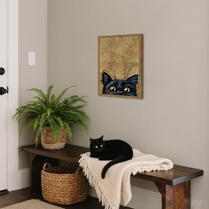 Cute Black Cat Wall Art Funny Cat Wall Decor Painting, Eclectic Animal Poster Canvas Print Picture for Living Room Bedroom 16x24 inch Wood Framed