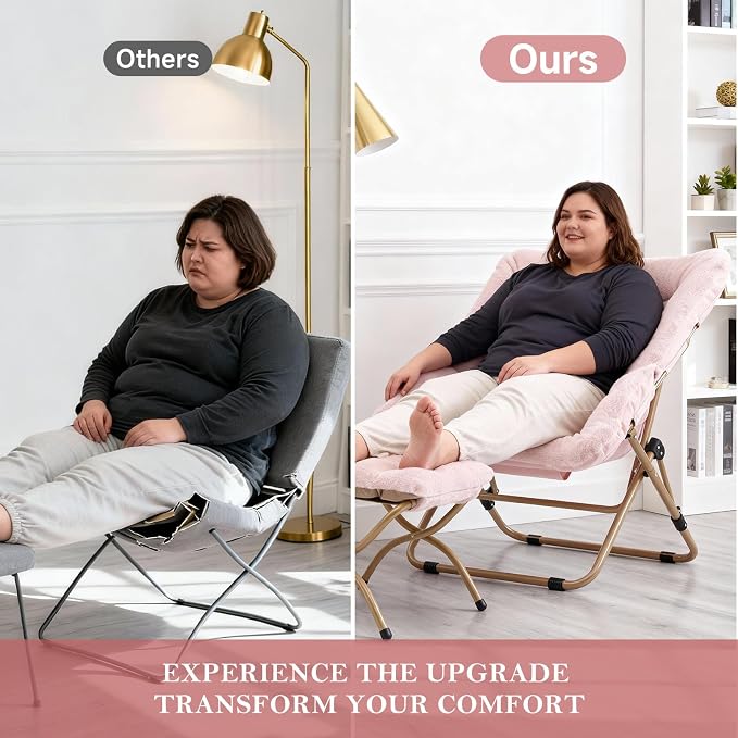 Furlide Dorm Chair with Ottoman, X-Large Soft Saucer Chair, Oversized Folding Faux Fur Accent Chair, Foldable Metal Frame Chair for Bedroom, Living Room (Pink)