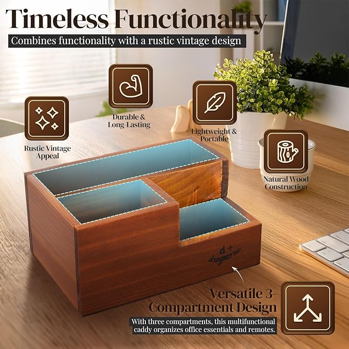 Flexzion Rustic Wooden Pencil Holder for Office - 3 Slots - Desk and Table Storage Organizer - Multifunctional Remote Control Holder for Home, School and Office