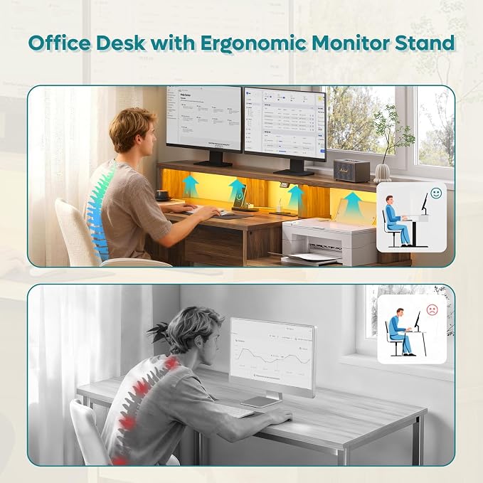Bestier 55 Inch Wood Computer Desk with Lockable File Drawer, Charging Station & LED Lights - Home Office Desk with Storage Shelves, Printer Shelf & Monitor Stand, Wooden Desk for Study & Work, Walnut