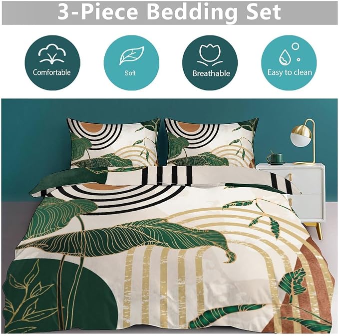 Boho Leaf Bedding Set,Mid Century Green Tropical Plant Palm Leaves Abstract Minimalist Geometic Arch Modern Comforter Set with Pillowcase for Bedroom Bed Decor，Twin 86"x70"