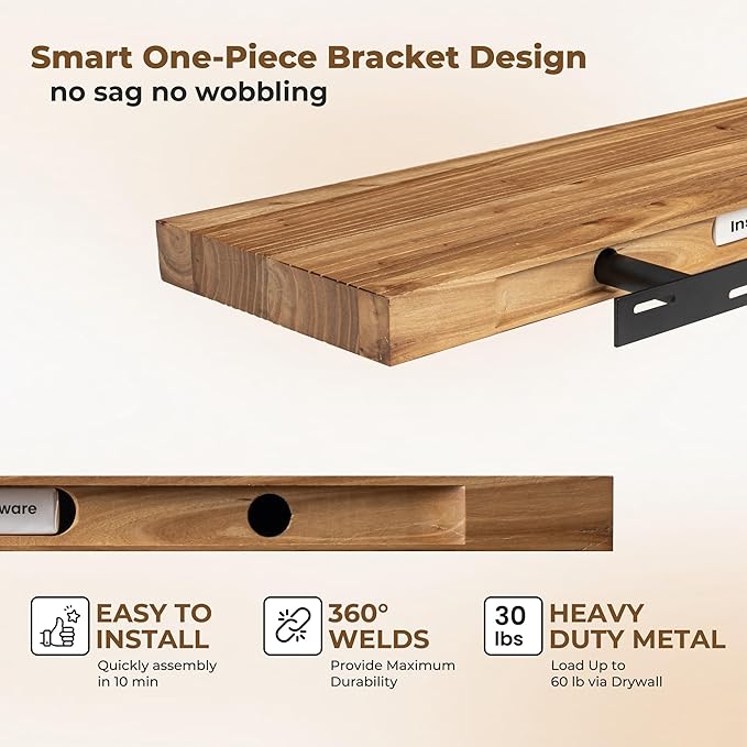 Axeman Floating Shelves for Wall, 24''W x 8'' D Rustic Solid Elm Wood Shelves for Storage, Wall Mounted Display Shelving with Invisible Heavy-Duty Metal Bracket (Natural, 2PCs)