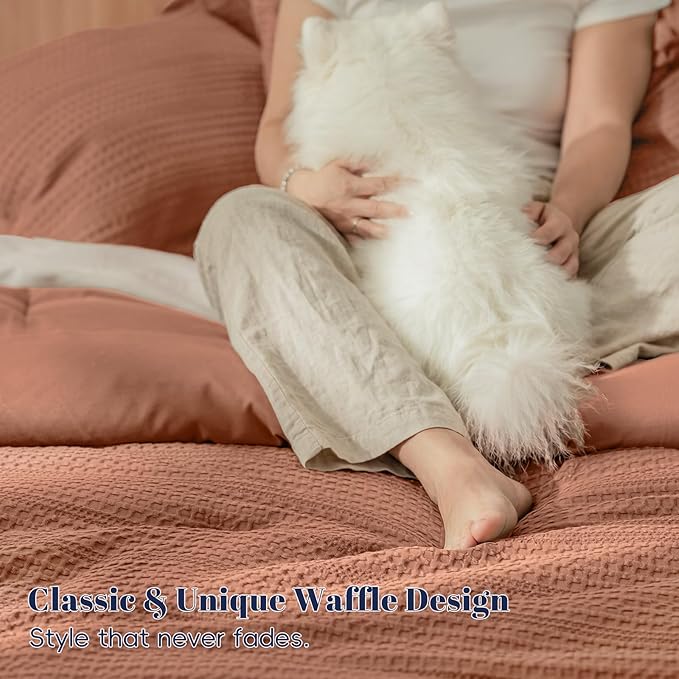 PHF Soft Waffle Comforter Set King Size- Comfy Breathable Waffle Weave Comforter with 2 Pillow Shams, 3 Pieces Less Snagging Lightweight Textured Bedding Set for All Season, Terracotta