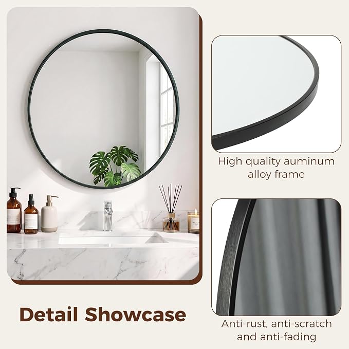 NEWBULIG 24 Inch Round Wall Mirror, Bathroom Mirrors for Over Sink, Matte Metal Framed Circle Vanity Mirror, Wall Decor for Bedroom, Anti-Rust, Tempered Glass, Hanging or Leaning, Classic Black