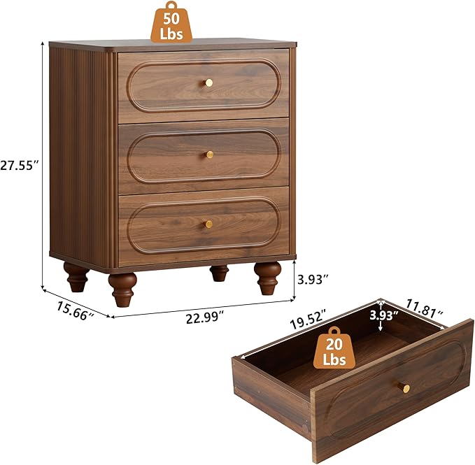 ORRD 3 Drawer Fluted Dresser for Bedroom, Mid Century Modern Chest of Drawers, Wood Storage Small Dresser Organizer for Bedroom Living Room Hallway Closet, Walnut