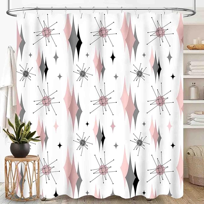 Mid Century Modern Shower Curtain, Pink Gray Geometric Atomic Abstract Pattern 1950s 1960s Retro Vintage Style Waterproof Fabric Bathroom Shower Curtain Set with Hooks, 72"x84" Inch