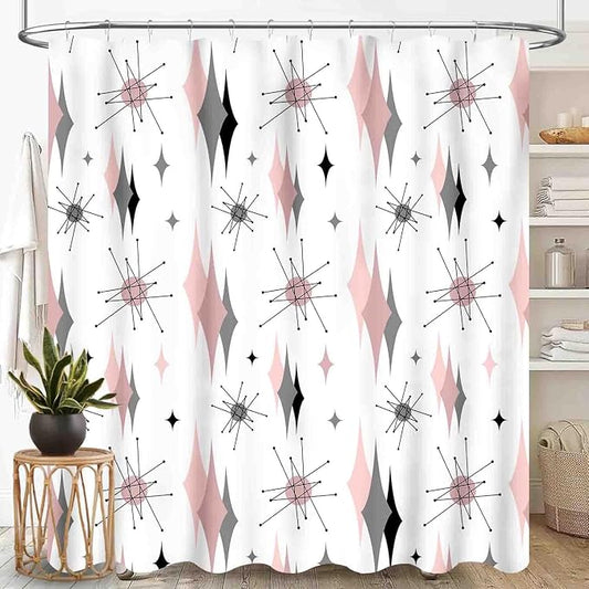Mid Century Modern Shower Curtain, Pink Gray Geometric Atomic Abstract Pattern 1950s 1960s Retro Vintage Style Waterproof Fabric Bathroom Shower Curtain Set with Hooks, 72"x78" Inch