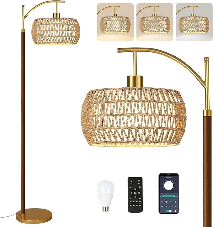 ILLMTW Boho Floor Lamp for Living Room,Bedroom,Rattan Standing Lamp with Remote Dimmable,Wood Vintage Mid Century Modern Gold Tall Lamp Wicker Lamp Shade Floor Lights Bohemian Tiffany Style