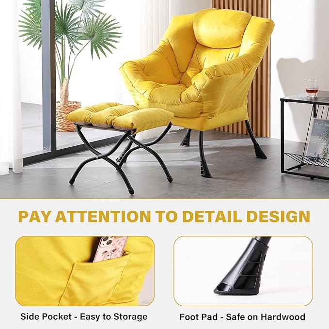 Tiita Lazy Chair with Ottoman, Yellow Modern Large Accent Armchair, Comfy Leisure Sofa Reading Chair with Footrest for Bedroom, Living Room, Dorm Rooms, Garden, Velvet Yellow