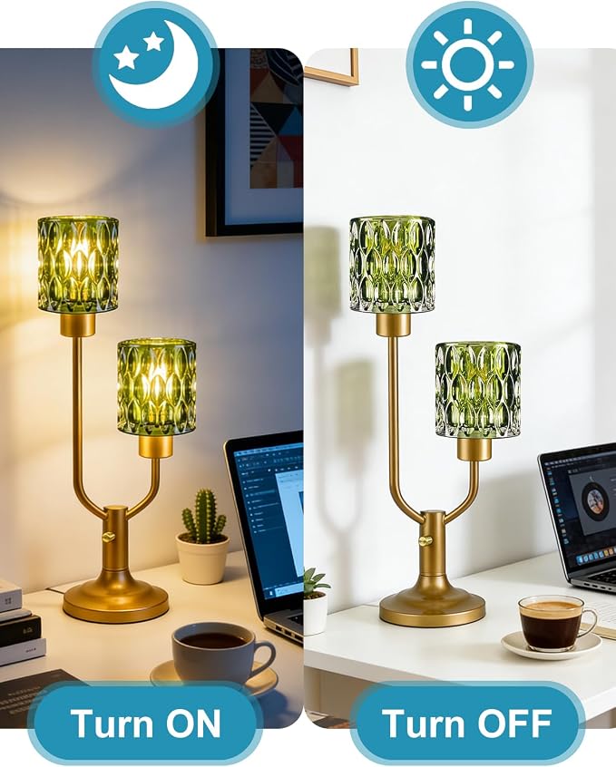Lightdot Mid Century Modern Green Table Lamp for Bedroom Dimmable Nightstand Lamp Vintage Glass Gold Desk Lamp 2 Bulbs Included Warmwhite Ambient Bedside Lamps for Living Room Home Office Decor Gift