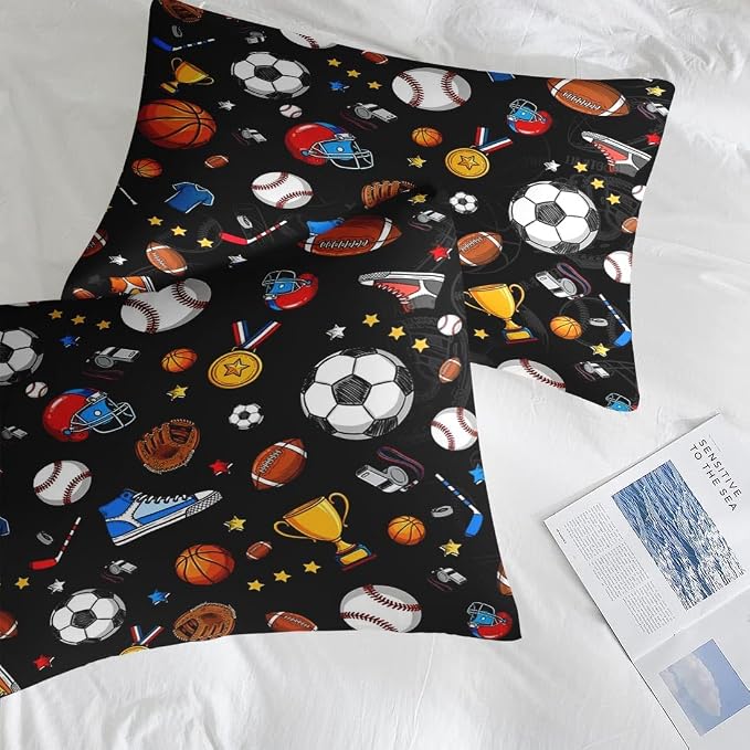 Pamnest Comforter Set Queen Size, Basketball Football Baseball 7 Pcs Bedding for Kids and Adults, Hockey Sport Bed Sheet Sets with Fitted Sheet 2 Pillowcases & 2 Shams for Bedroom Bed Decor