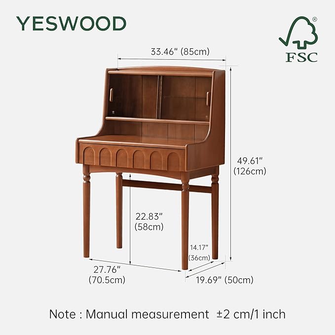 YESWOOD Makeup Vanity Desk, Solid Poplar Wood Dressing Table with LED Light, Makeup Desk and Vanity Table for Bedroom, Teak Color, 20" D x 28" W x 50" H