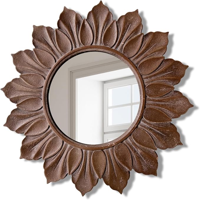 Sunflower Sunburst Wall Mirror, 26" Distressed Brown Wooden Frame, Handcrafted Petal Floral Design, Vintage Farmhouse Style Mirror for Wall Decor for Living Room, Bedroom, Bathroom, Vanity