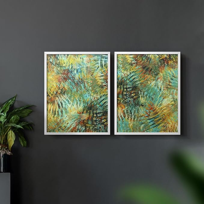Renditions Gallery Set of 2 Peel & Stick Framed Prints, Nature Abstract Wall Art, Green Leafy Design Wall Decor, Re-Stickable - Ready to Hang - 8"x10" - White Frame LT588