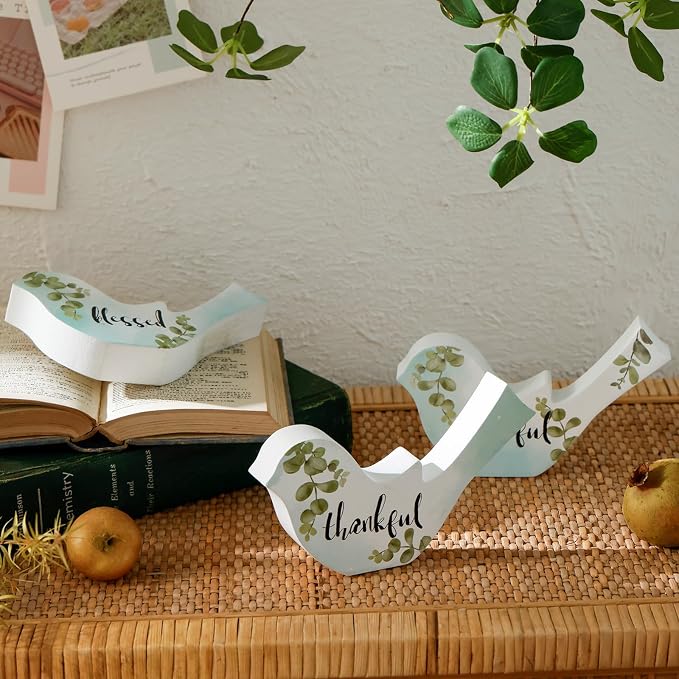 Rustic Wooden Bird Figurines – Set of 3 Inspirational Tabletop Décor with Words, Thankful, Blessed, Grateful