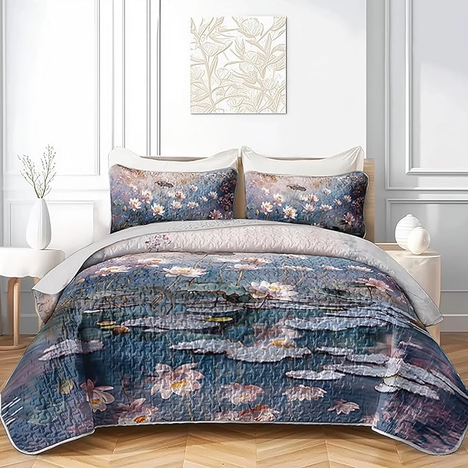 AILONEN Twin Quilted Comforter 3-Piece Set, Impressionist Lotus Pond Bedspread Coverlet with 2 Pillowcases, Soft Artistic Water Lilies Bedding for Students Dorm Blue Lavender Zen Painting