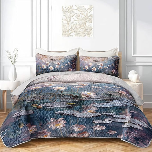 AILONEN Twin Quilted Comforter 3-Piece Set, Impressionist Lotus Pond Bedspread Coverlet with 2 Pillowcases, Soft Artistic Water Lilies Bedding for Students Dorm Blue Lavender Zen Painting