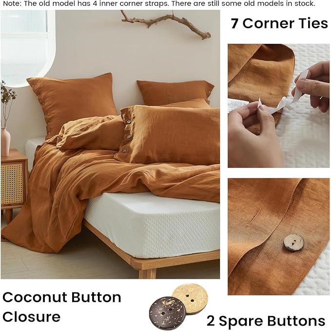 Simple&Opulence 100% Linen Duvet Cover Set 3pcs with Coconut Button Closure Natural French Washed Flax Solid Color Soft Breathable Farmhouse Bedding - Rust, Full Size