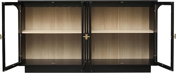 Sideboard Buffet Cabinet with Storage - Accent Storage Cabinet with 4 Glass Doors Adjustable Shelves,Black Wood Credenza for Living Room, Kitchen,Dining Room, Entryway (Black 4 Doors)