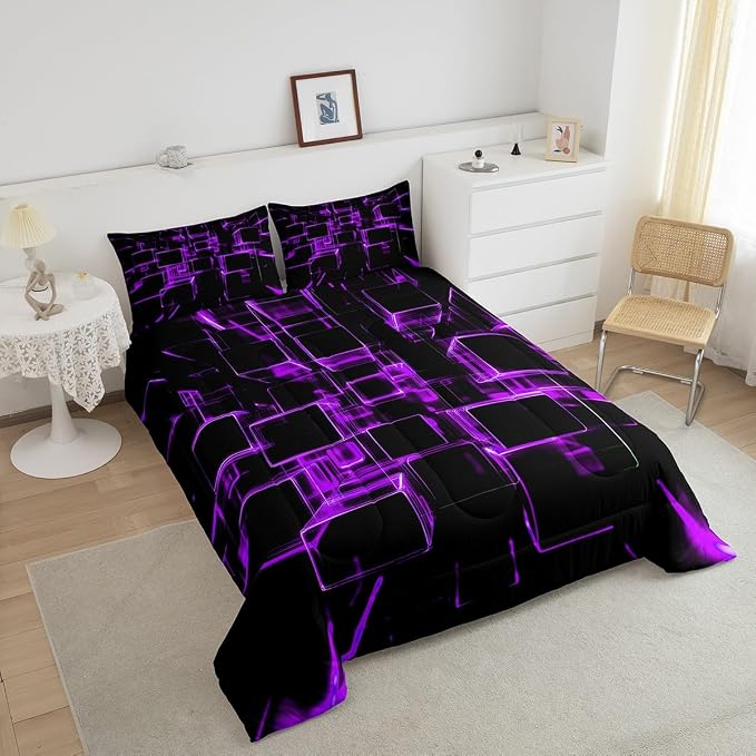 Erosebridal Fluorescent Purple and Black Kids Comforter Set, Modern Geometric Square Bedding Sets Colorful Gradient Neon Light Honeycomb Duvet Insert Twin 2 Pieces
